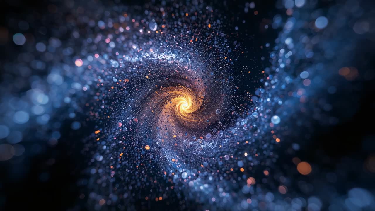 Rotating spiral structure drifting inward in cosmic void, emphasizing golden core