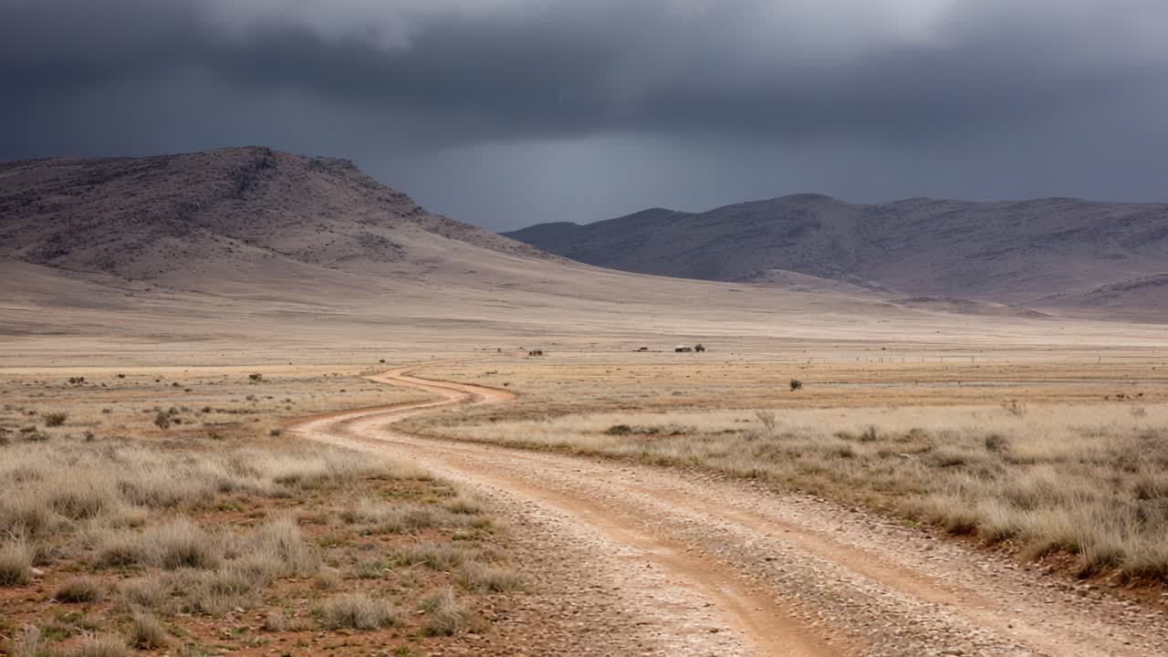 A Winding Dirt Road Through a Vast Desert Landscape Under Dramatic Dark Clouds Captured in Two Stunning Frames