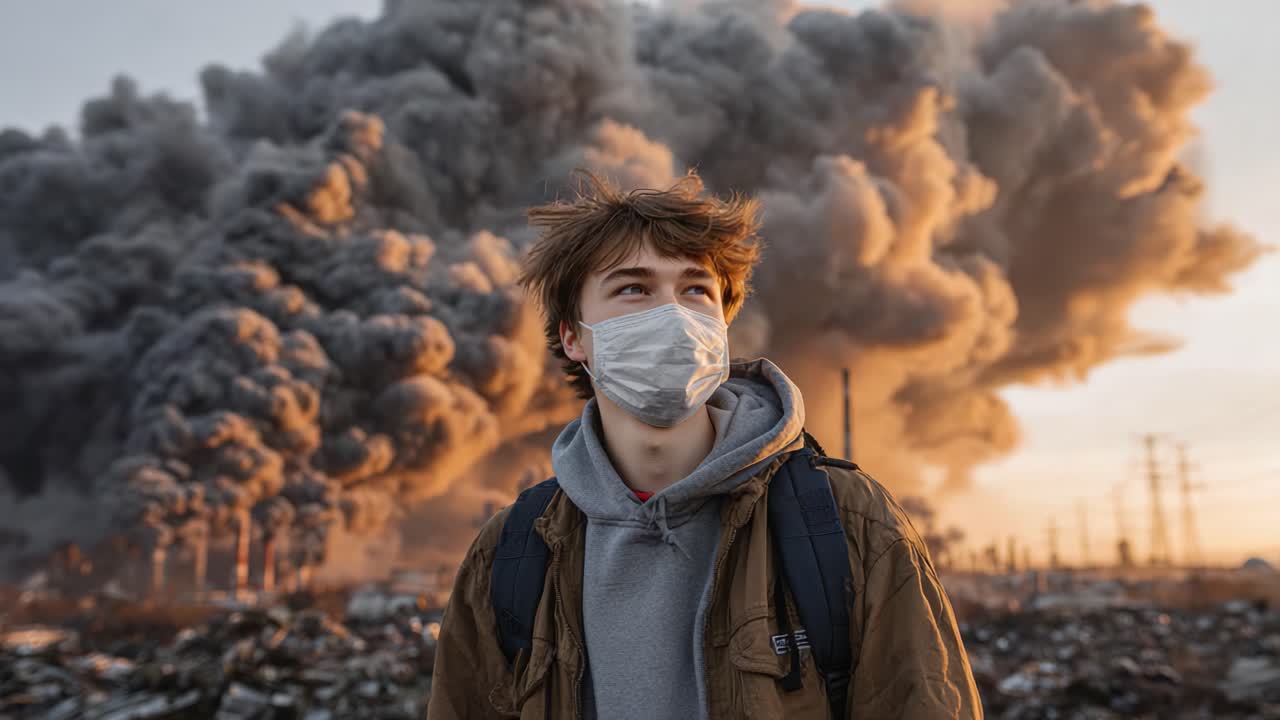 Um jovem usando máscara em meio a nuvens de fumaça escura e densa provenientes da poluição industrial, ilustrando o impacto da degradação ambiental e seus efeitos no bem-estar da juventude