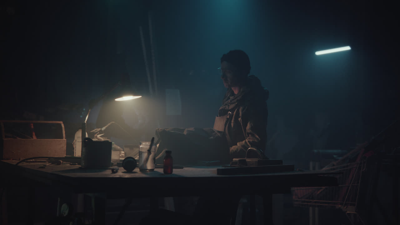 A man enters the dark workshop, turns on the lights and unveils a bomb