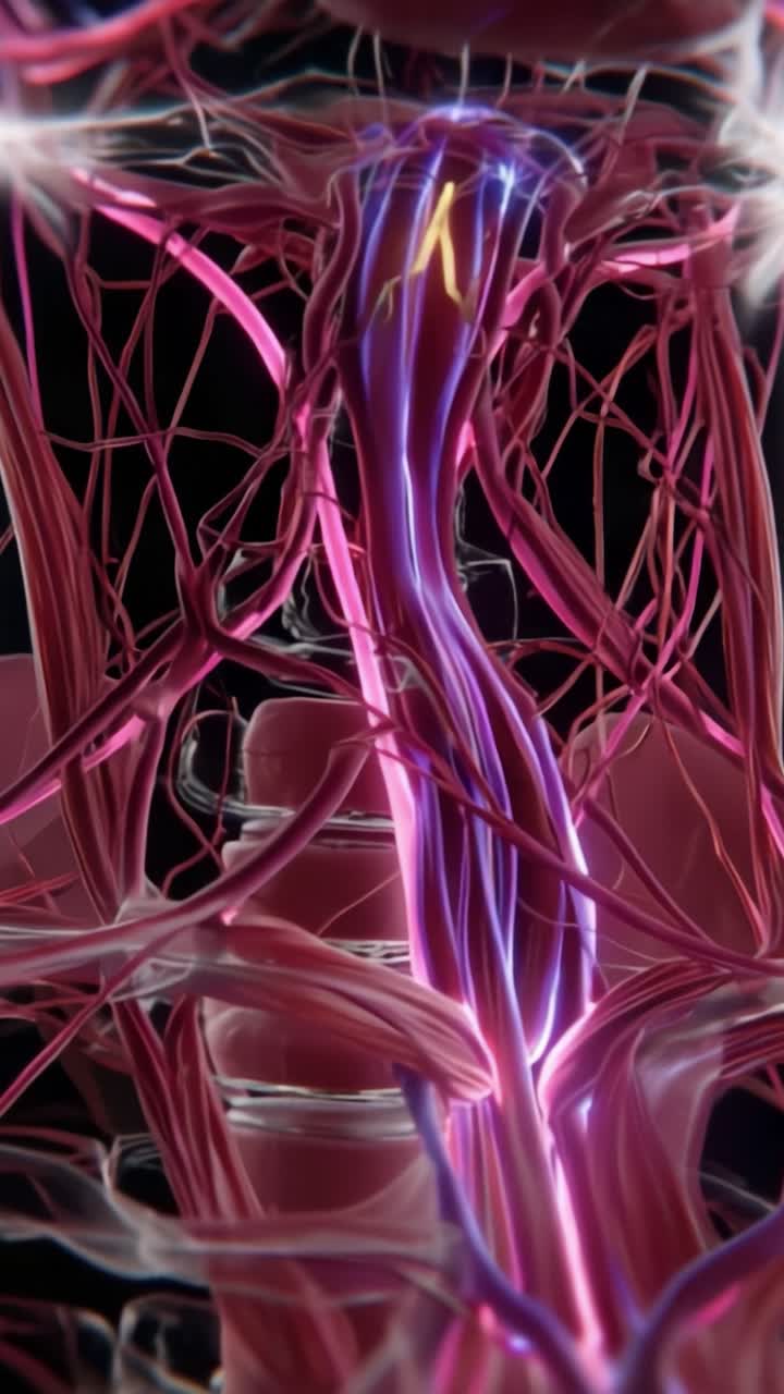 A close-up view of a human vascular system showcasing intricate blood vessels with vibrant colors, emphasizing the complexity of circulation and anatomy in stunning detail