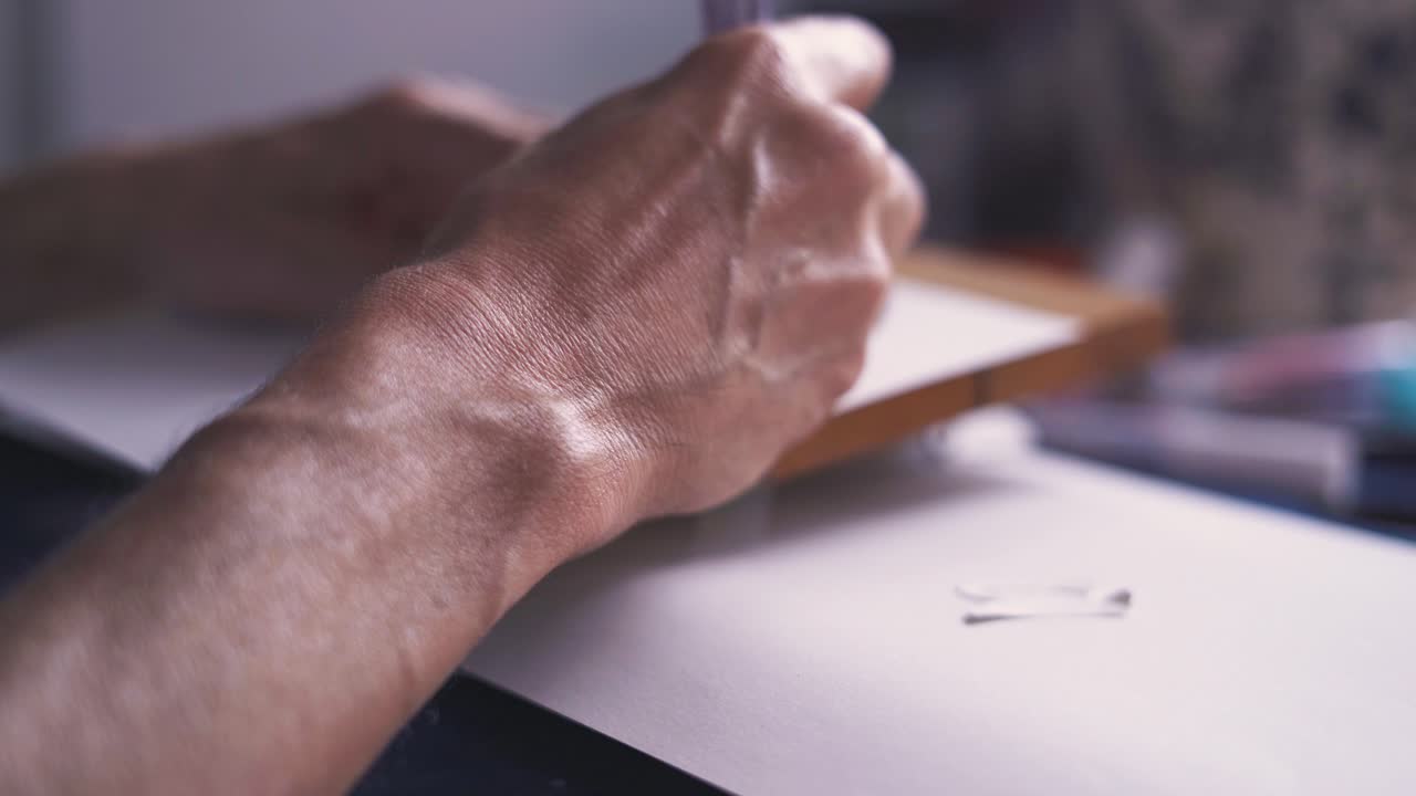 крупным планом художник наносит трафарет на деревянную табличку