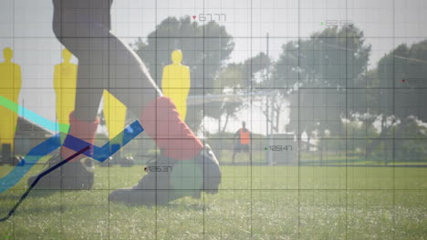 Graph-and-data-points-animation-over-soccer-player-practicing-on-field