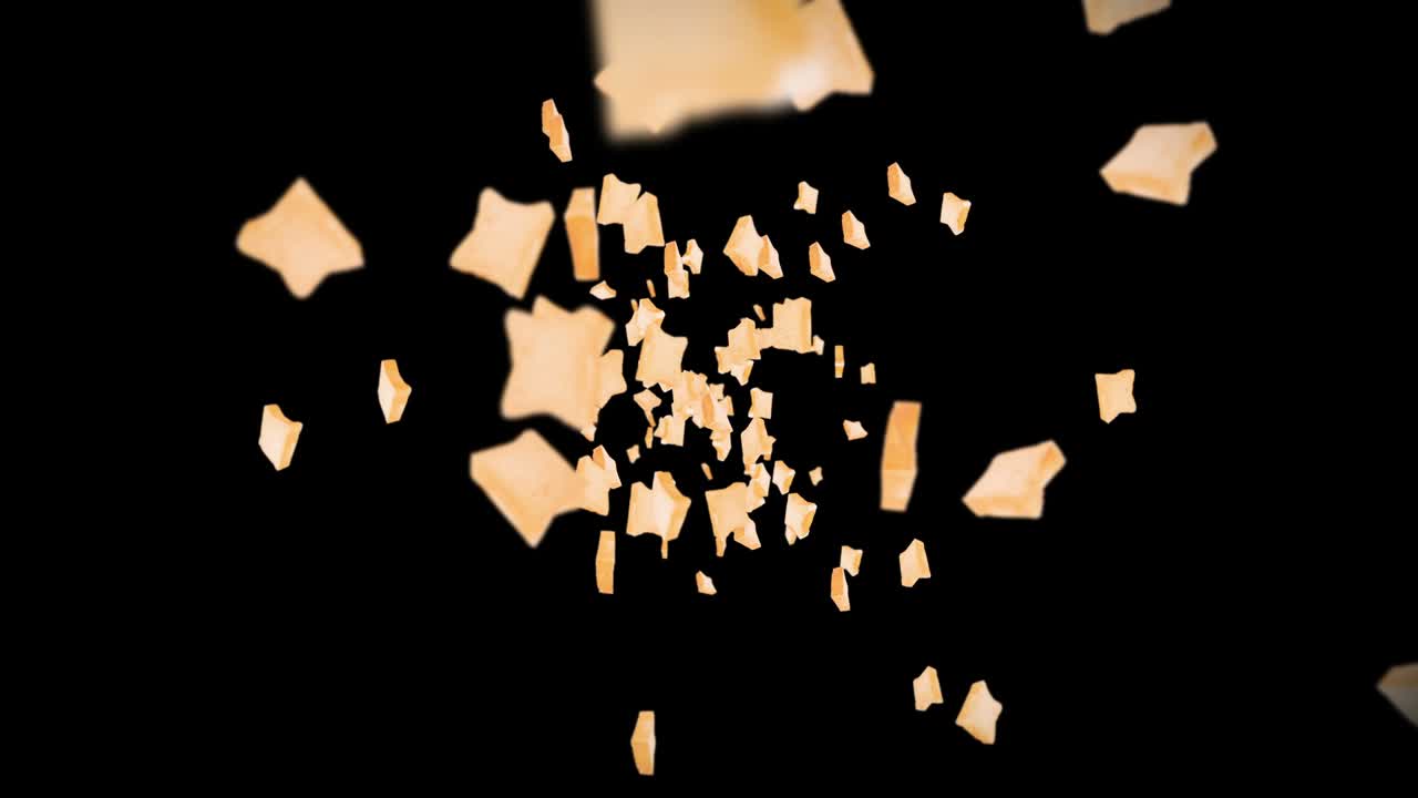 검은색 바탕에 많은 평평한  조각을 날아. 식품, 음식 및 먹는 개념. 밀 조각의 3d 애니메이션 회전. 루프 애니메이션.