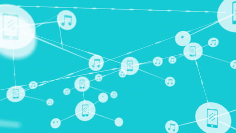 animation of network of connections with digital icons over changing stripes