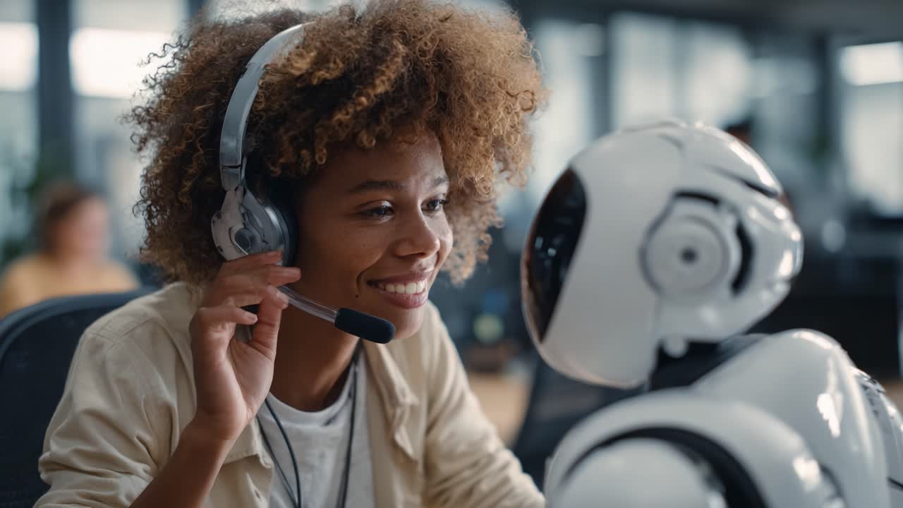 Engaging Interaction Between Human and Robot: A Smiling Female Operator Communicates with a Friendly AI Companion in a Modern Office Setting, Emphasizing Collaboration and Technology in Daily Work Life