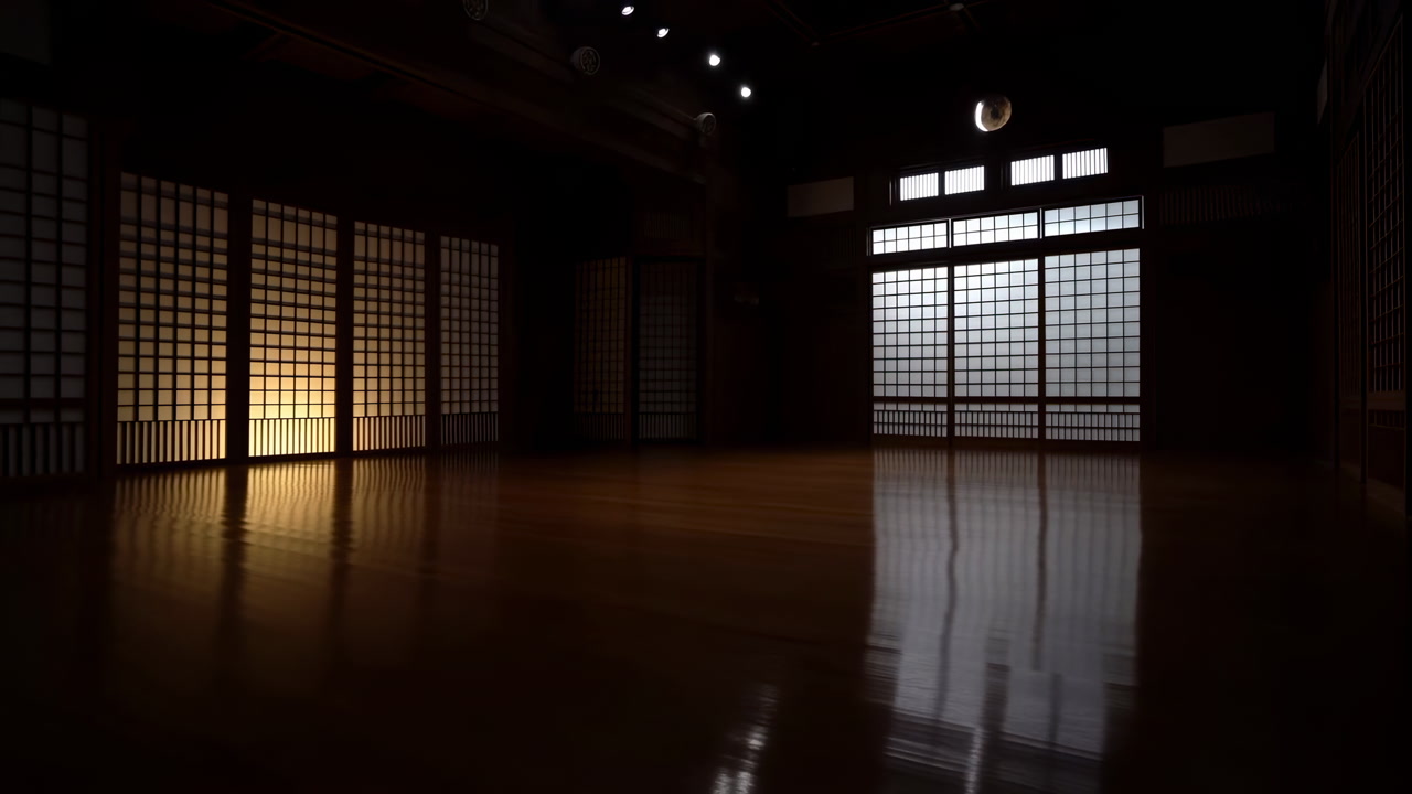 Empty Japanese Dojo With Shoji Screens And Warm Lantern Glow, Reflective Hardwood Floor And Wooden Beams