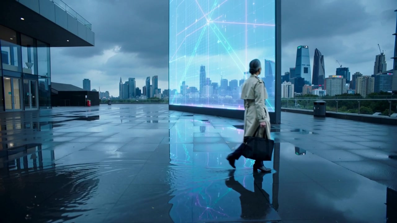 Entering woman in trench coat with briefcase, heading across puddled rooftop, pausing at hologram
