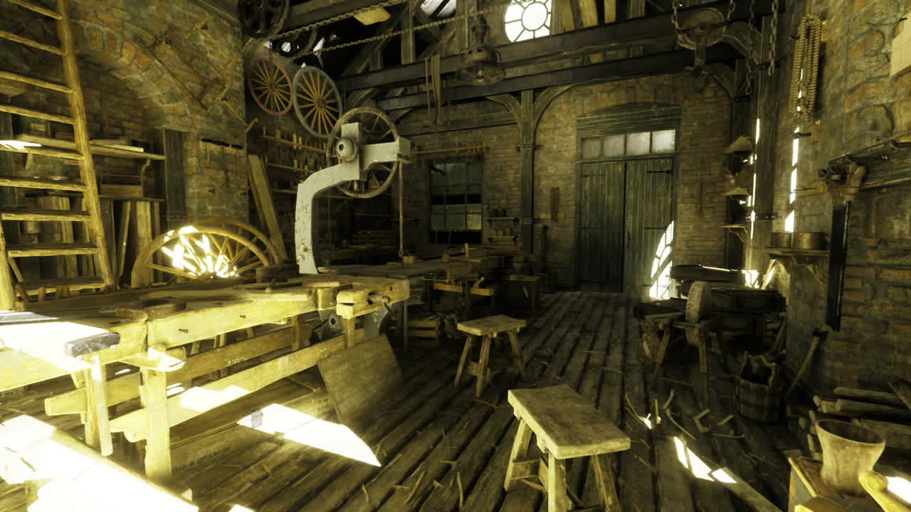 Ambiente di fabbrica rustico con dettagli meccanici e pareti materiche