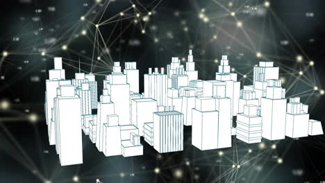 animation of network of connections with glowing spots over 3d cityscape drawing