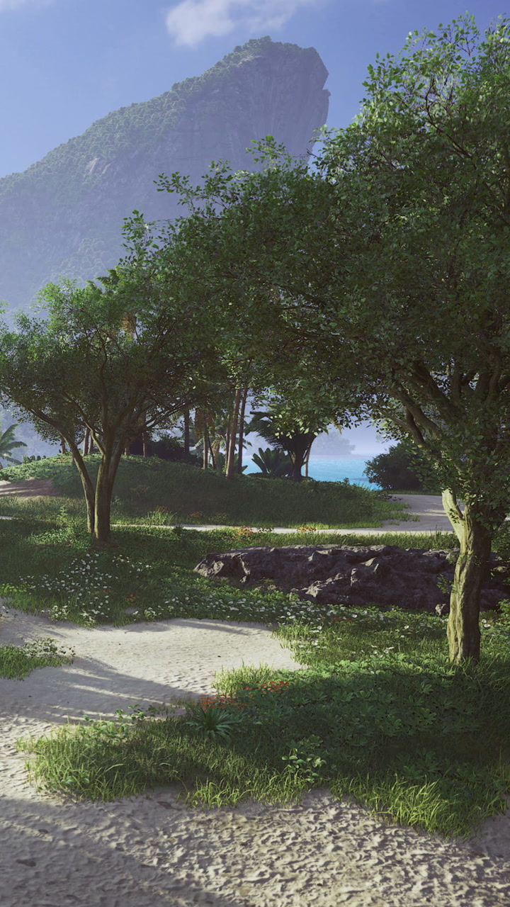 Vibrant green landscape with lush trees and a beautiful sandy beach