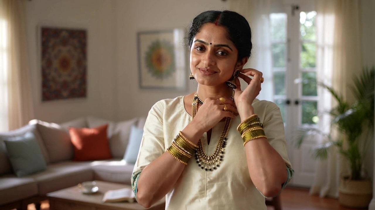 Una donna in kurta chiara si prepara, allacciando un jhumka e sistemando le collane a casa, con braccialetti d'oro.