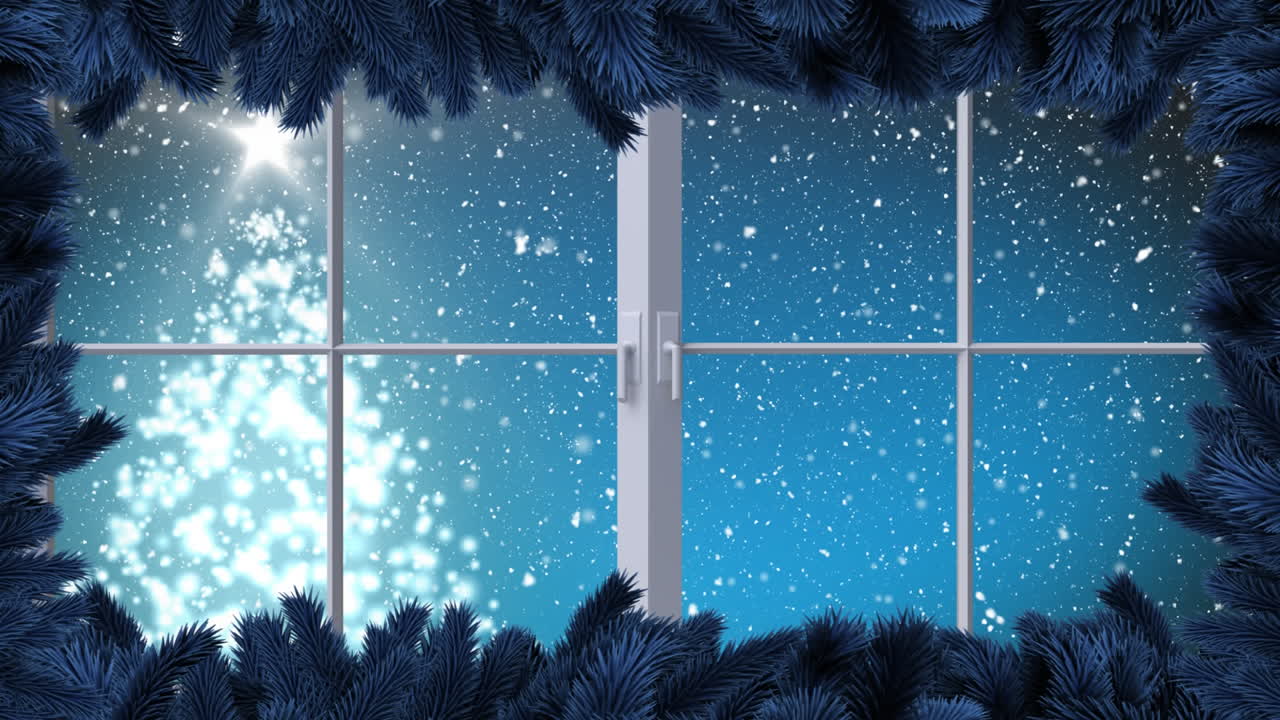 밤 하늘에서 회전하는 크리스마스 트리 위에 내리는 눈에 맞춰 창문 프레임의 디지털 애니메이션