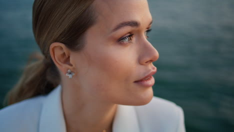 tranquil lady relaxing sea water close up. portrait of serene woman enjoy nature