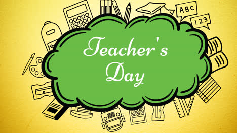 animation of happy teacher's day text over school items icons on green background