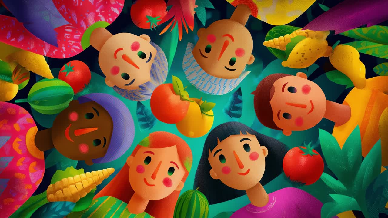 Colorful illustration of children and produce