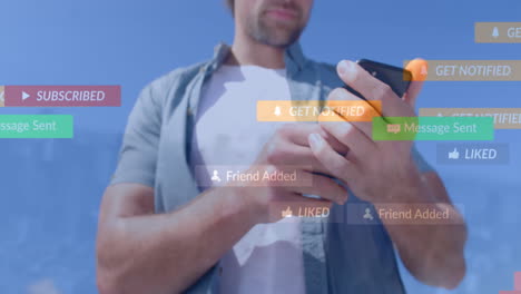 animation of social media icons against mid section of caucasian man using smartphone outdoors