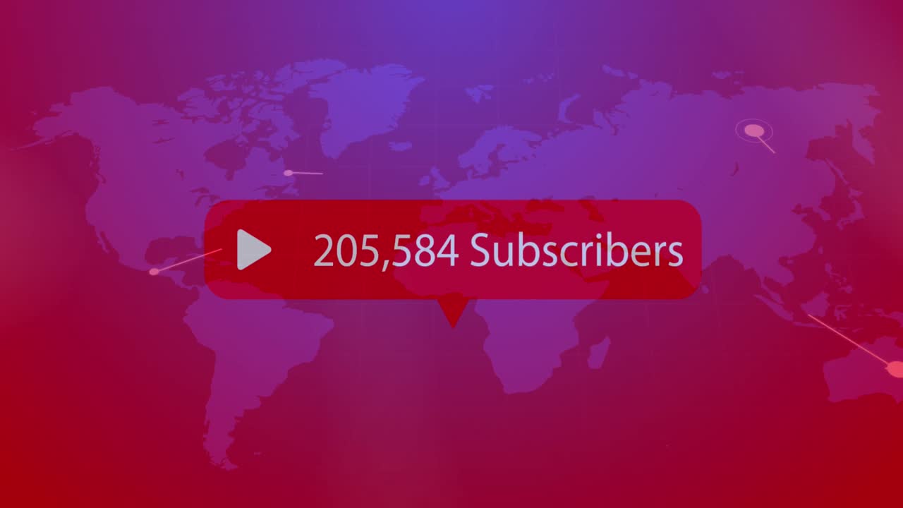 Animation of increasing subscribers on speech bubble over world map on purple gradient background