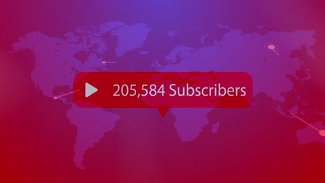 animación del aumento de los suscriptores en la burbuja de voz sobre el mapa del mundo en fondo de gradiente púrpura