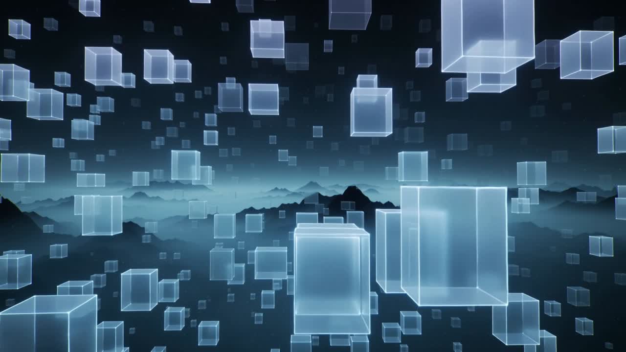 Moving camera gliding forward over misty peaks, showcasing translucent cyan cubes growing larger