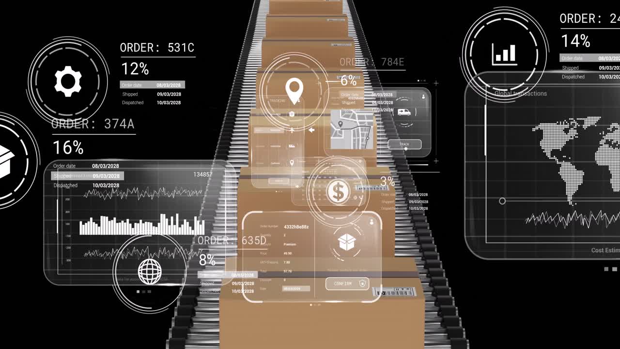 컨베이어 벨트에 있는 카드보드 상자 위에 있는 스크린에서 데이터 처리의 애니메이션