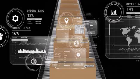 animation of data processing on screens over cardboard boxes on conveyor belts