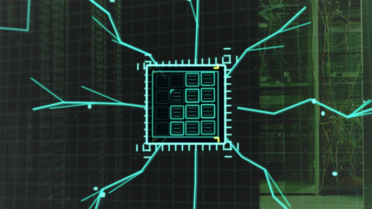 At boot glowing cyan HUD appearing over racks forming 4x4 module grid and mapping network links
