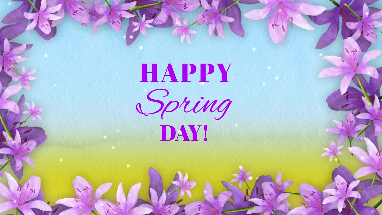Happy Spring Day Greeting with Purple Floral Frame and Particles