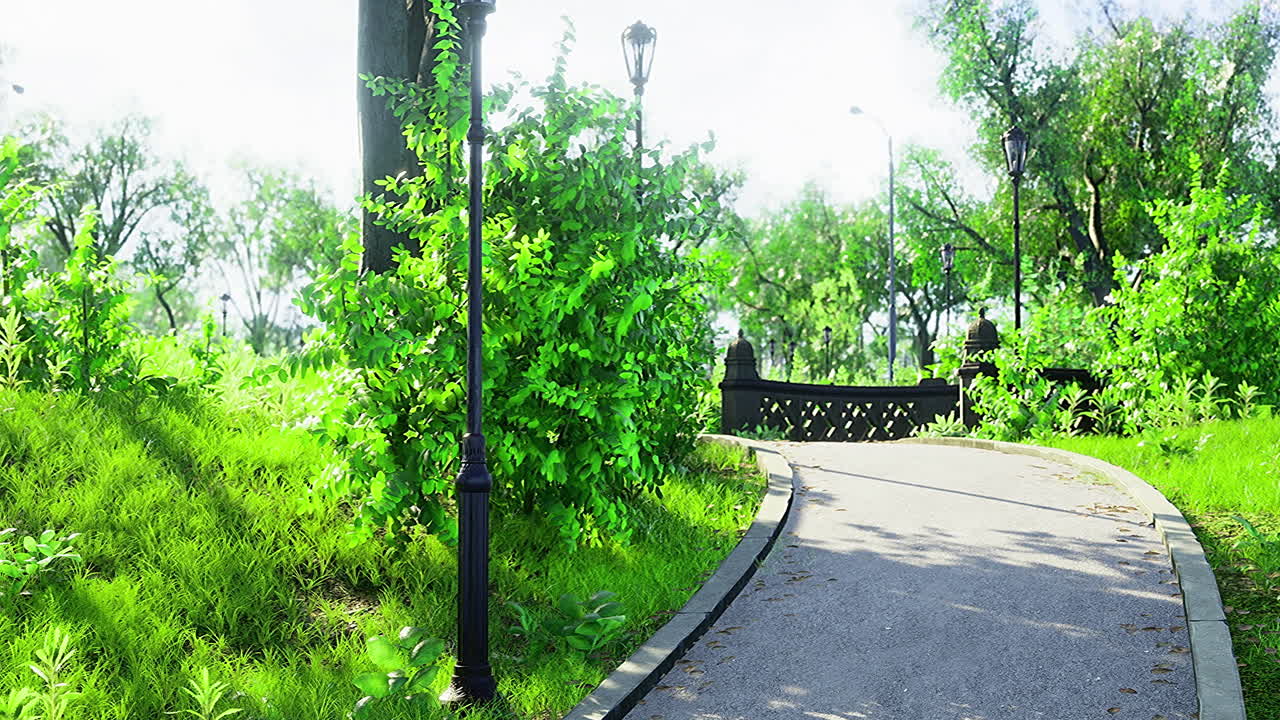 Lush green park path inviting strolls under bright blue skies and sunlight