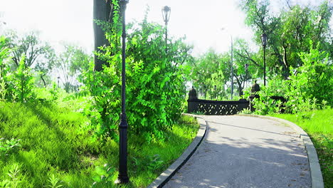 lush green park path inviting strolls under bright blue skies and sunlight