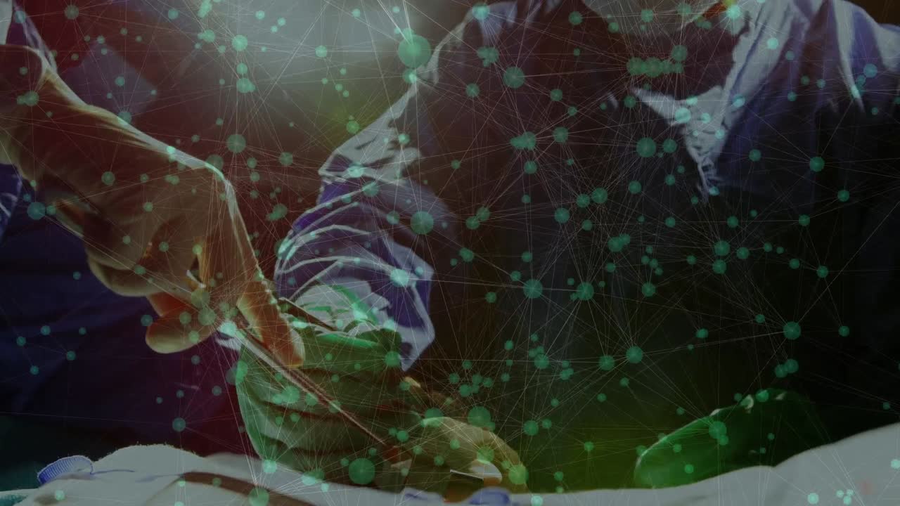 병원에서 수술을 수행하는 외과 의사 팀을 통해 연결의 녹색 네트워크의 애니메이션