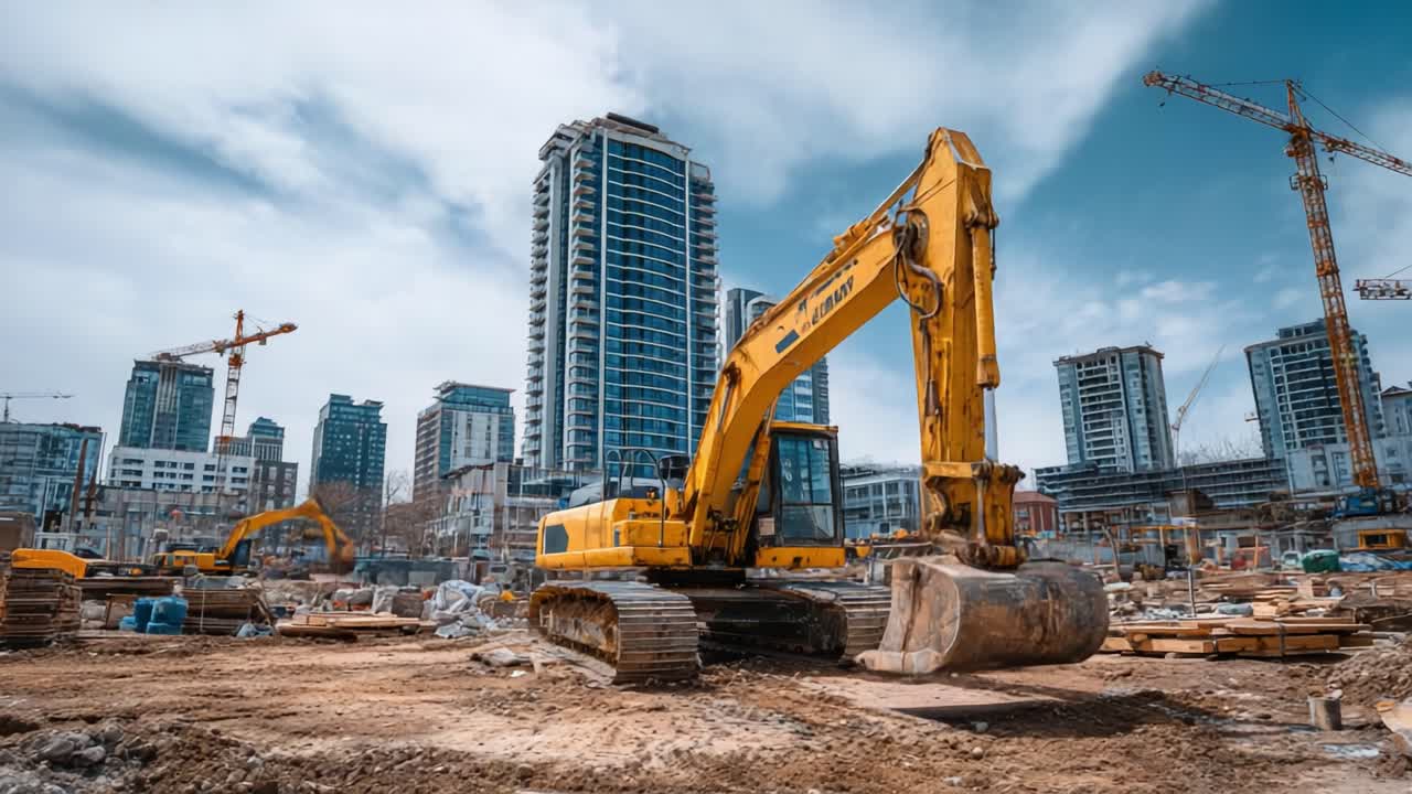 A Construction Site Featuring Heavy Machinery and Tall Buildings Under Development, Showcasing the Urban Landscape and Excavation Activities