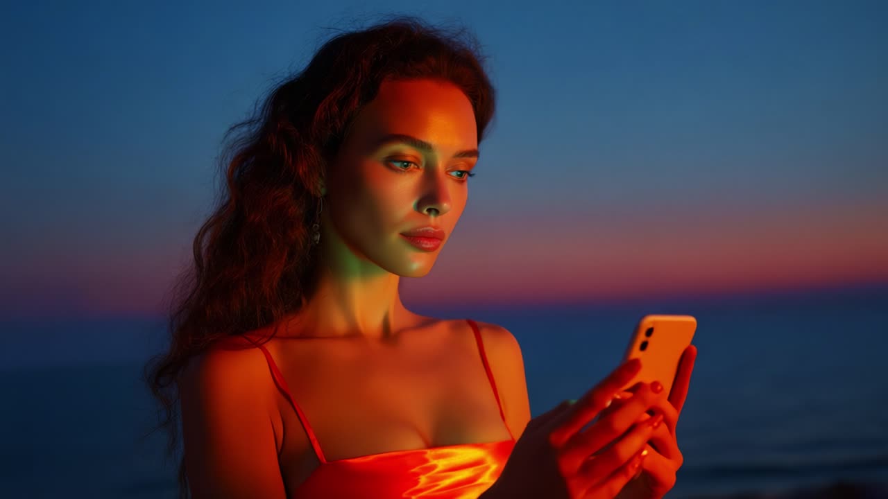 Una splendida donna con un vivace abito arancione controlla il telefono sullo sfondo di un maestoso tramonto sull'oceano, immortalando un momento di serenità e riflessione sulla riva