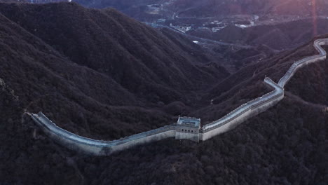 Aerial-Shot-of-Great-Wall-of-China-at-Sunset