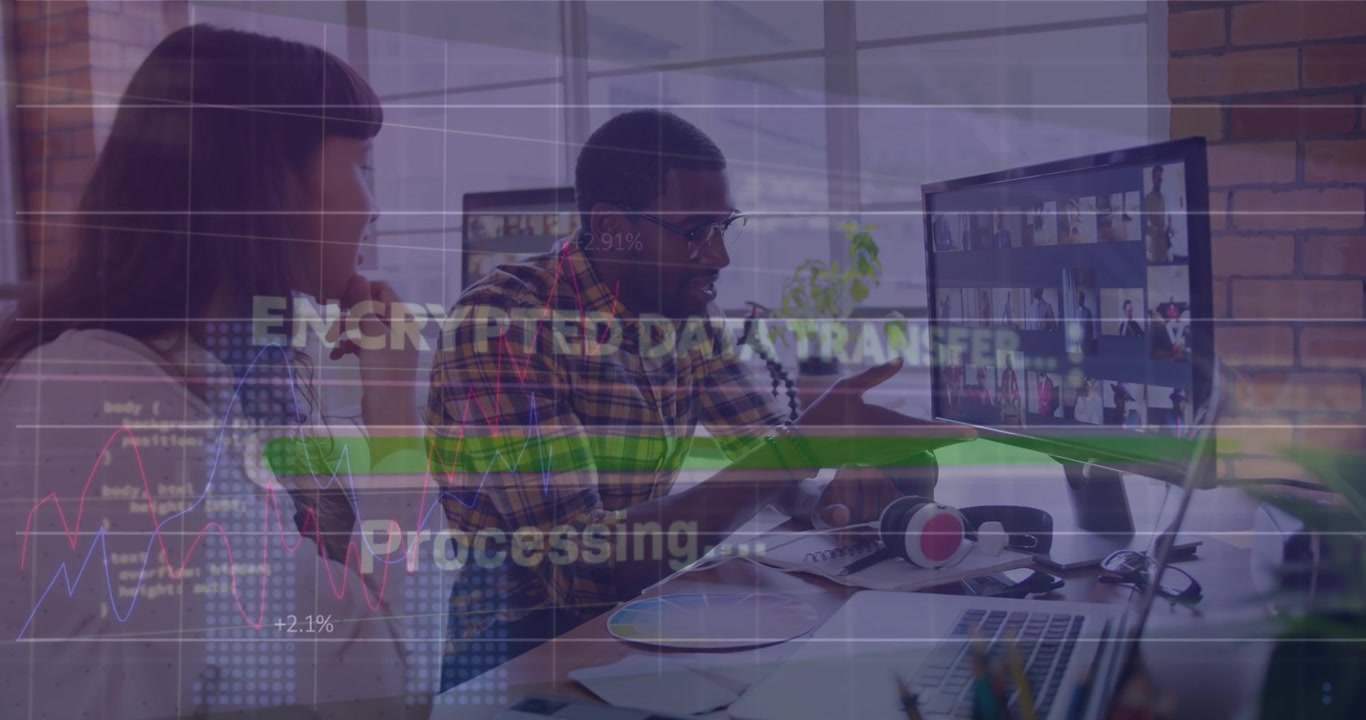 Animation of texts, loading bar, graphs, computer language, diverse coworkers discussing at desk