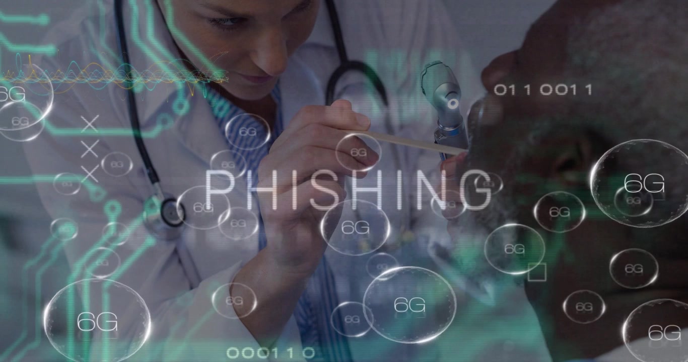 Medical clinician leaning parting patient mouth inspecting throat initiating PHISHING overlay