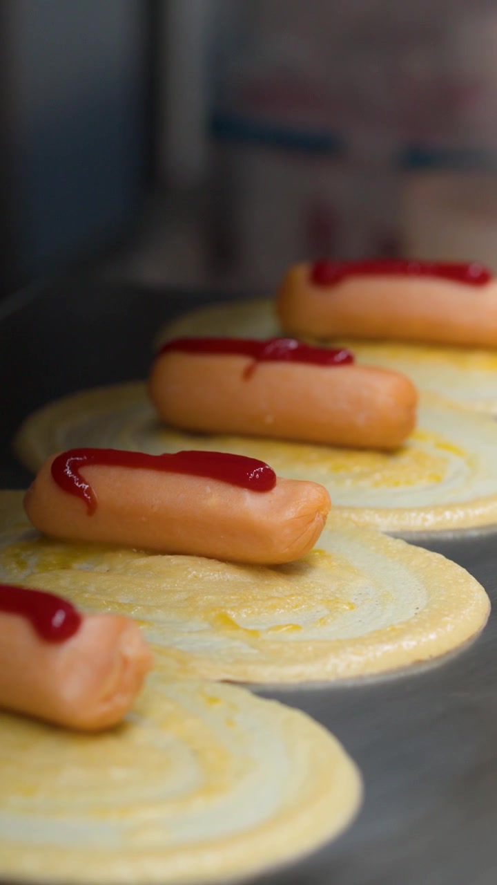 Primo piano di un venditore che prepara pancake salati con salsicce e ketchup su una piastra piatta