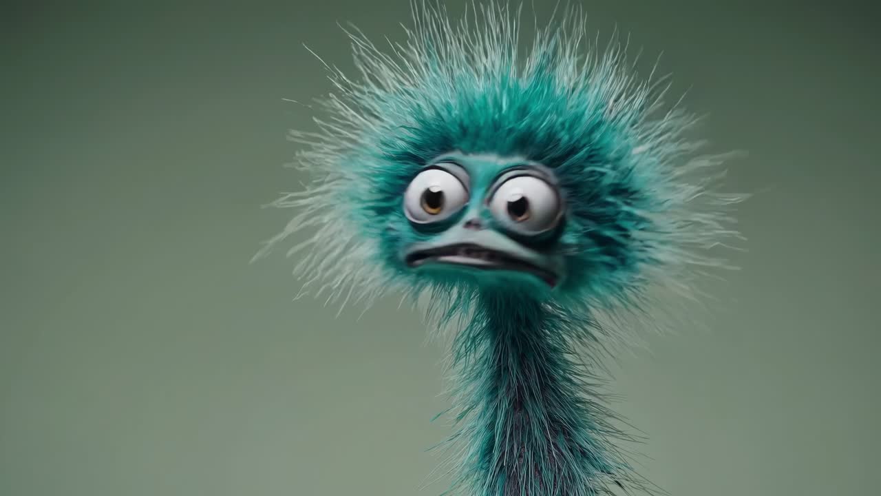 Turquoise cartoon emu with oversized eyes and tousled feathers expressing confusion and worry against a solid color background, creating a humorous and quirky character portrait