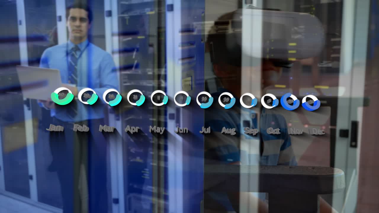 Animation of data processing and child with vr headset over caucasian businesman in server room