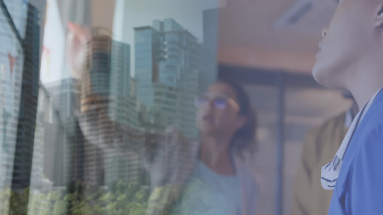 animación del paisaje urbano sobre diversas personas de negocios en la oficina