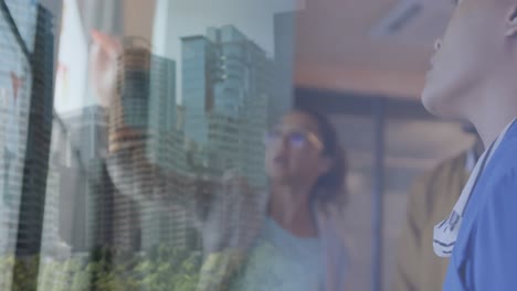 animación del paisaje urbano sobre diversas personas de negocios en la oficina