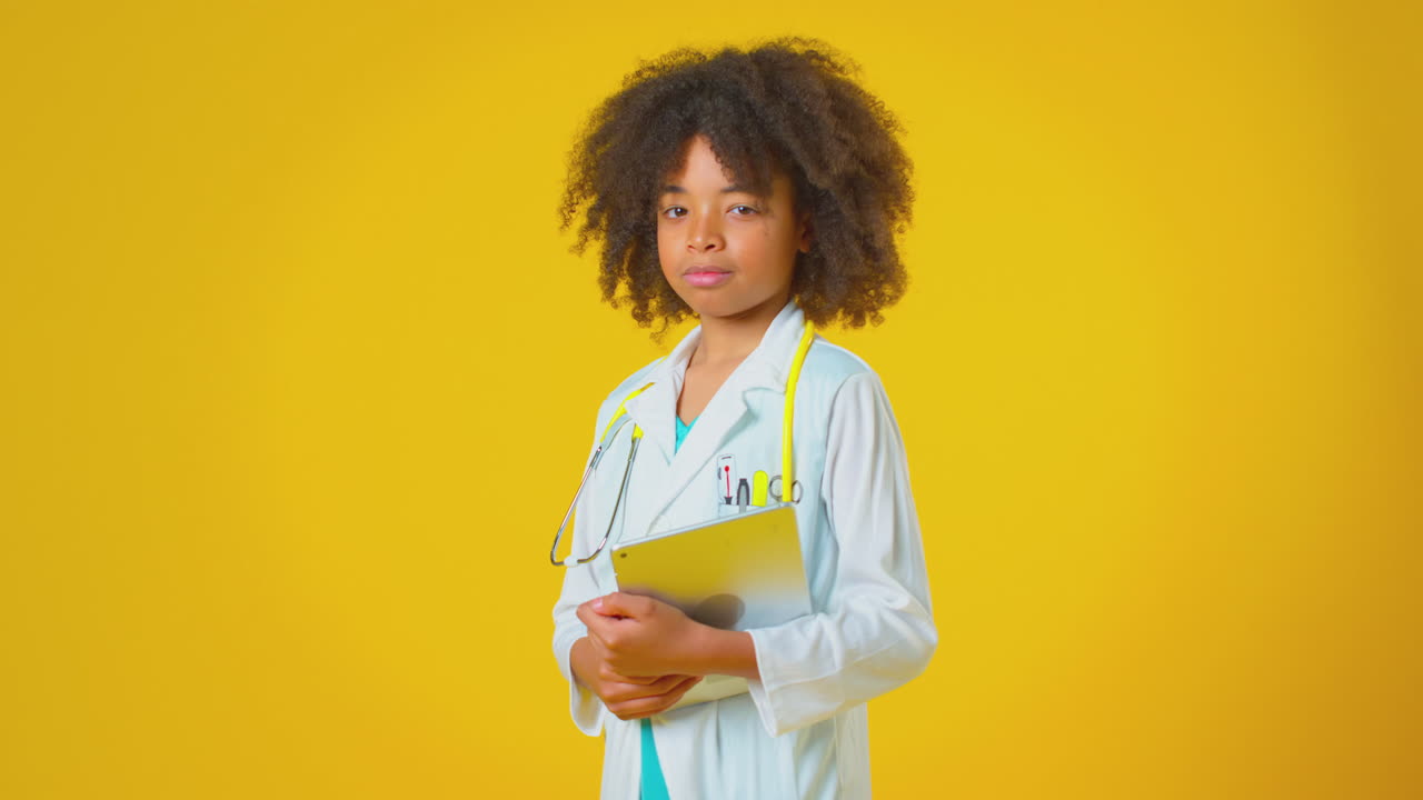 Studio Portrait Of Boy Dressed As Doctor Or Surgeon With Digital Tablet Against Yellow Background