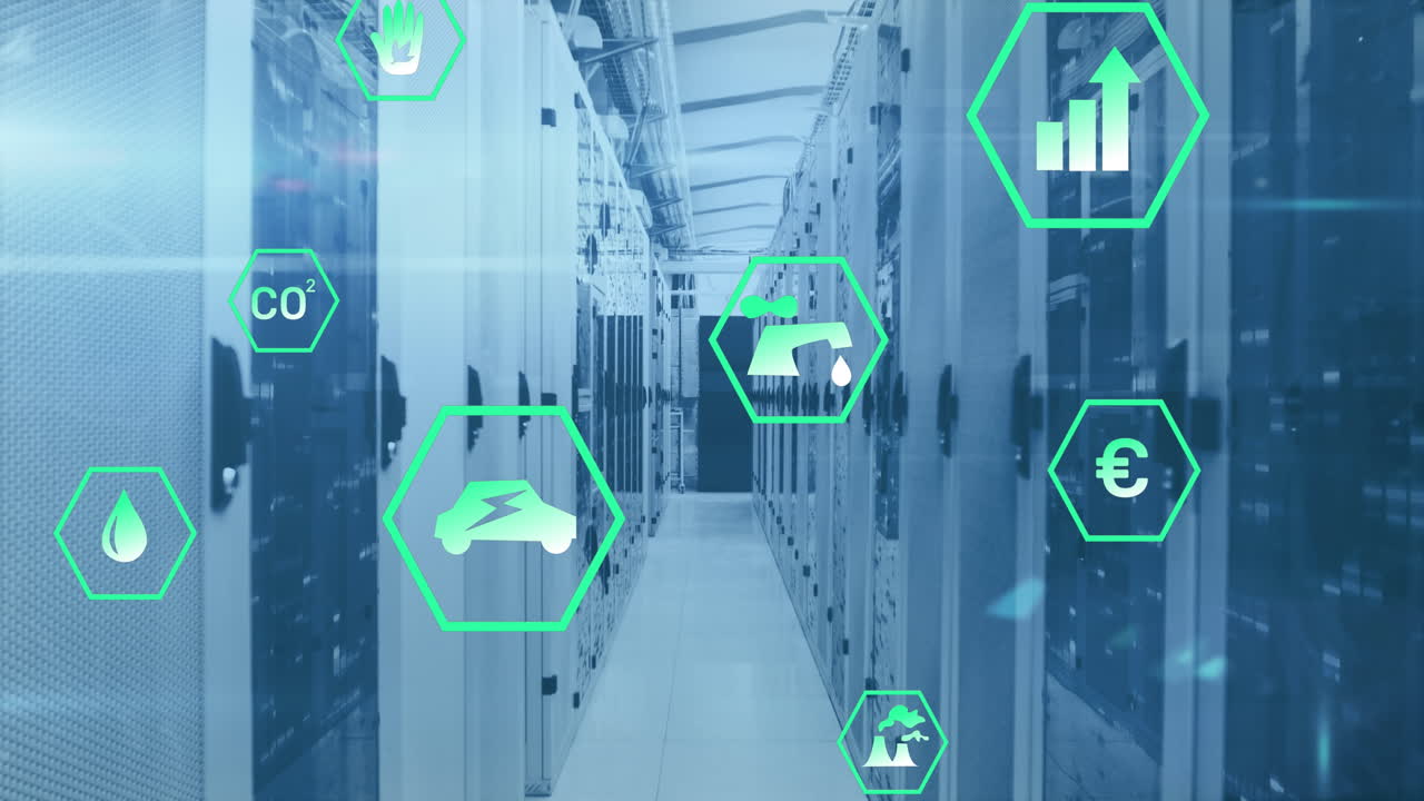 animación de iconos digitales sobre la sala del servidor