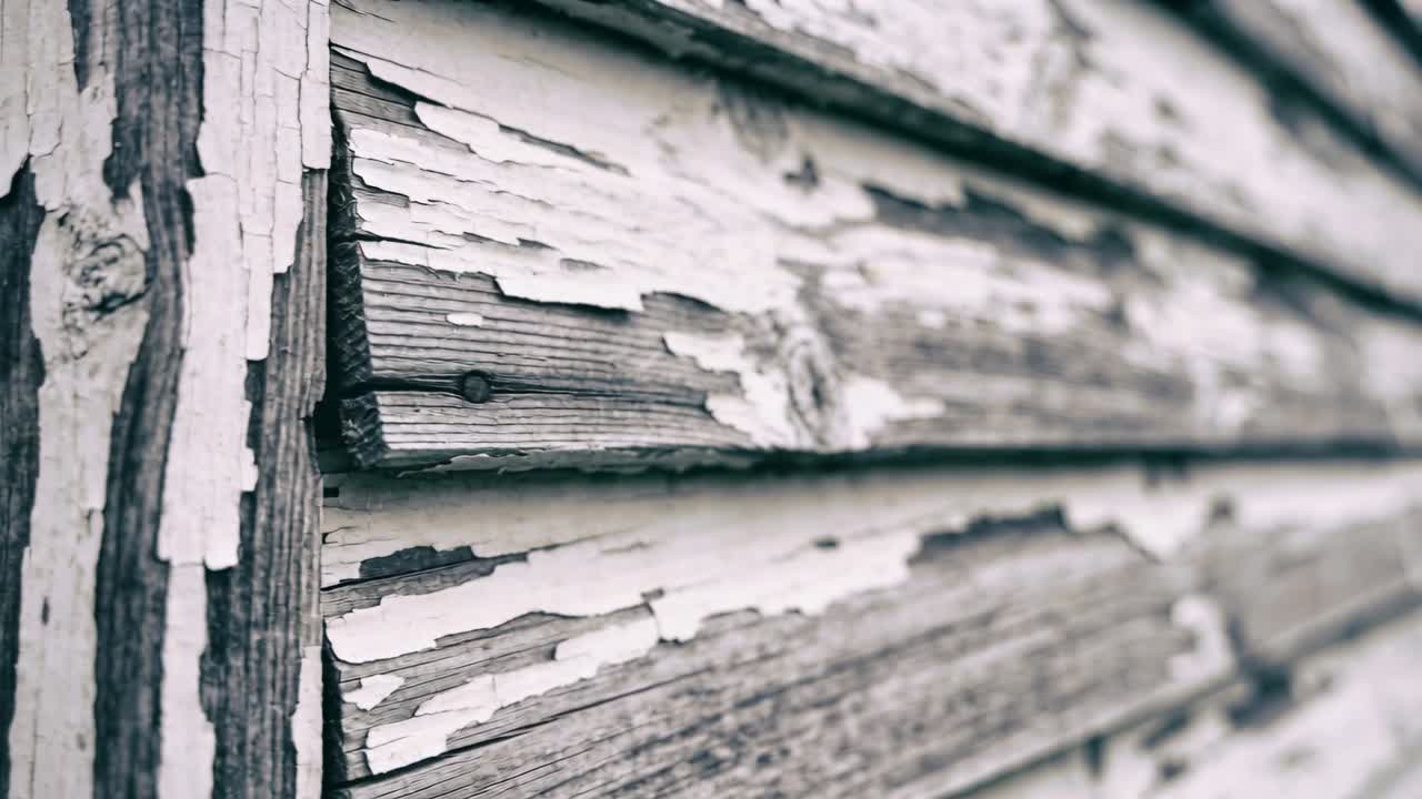 Panning camera revealing clapboard siding with corner trim on aged wall, showing peeling paint
