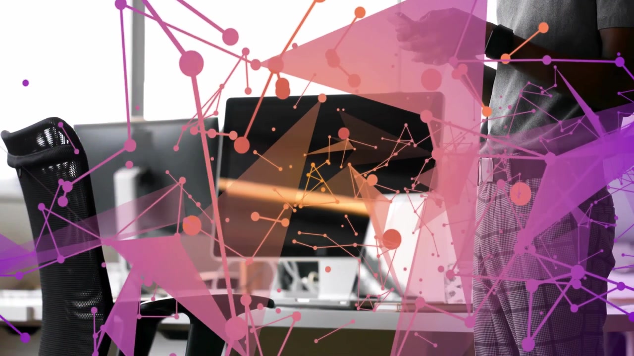 Man tapping phone screen at office desk initiating pulsing pink tech overlay showing data flow