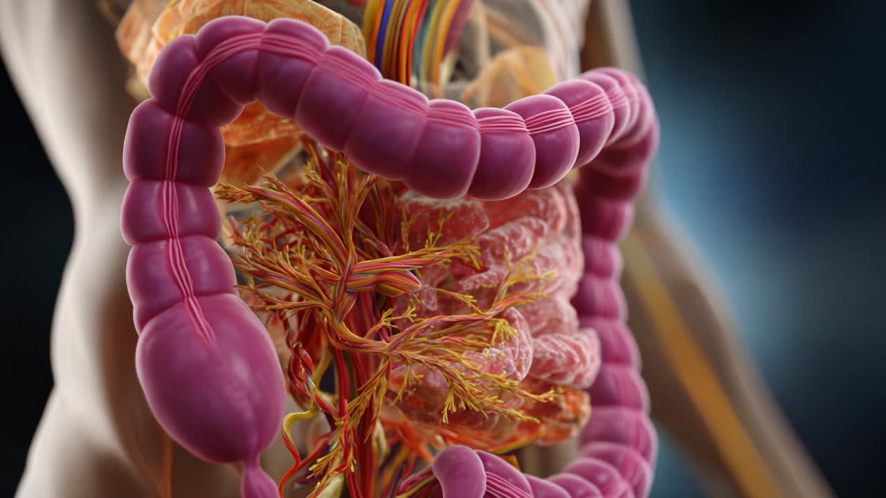 Detailed Visualization of Human Digestive System Highlighting the Intestines, Blood Vessels, and Surrounding Organs with Vibrant Colors and Intricate Structures Representing the Gastrointestinal Tract