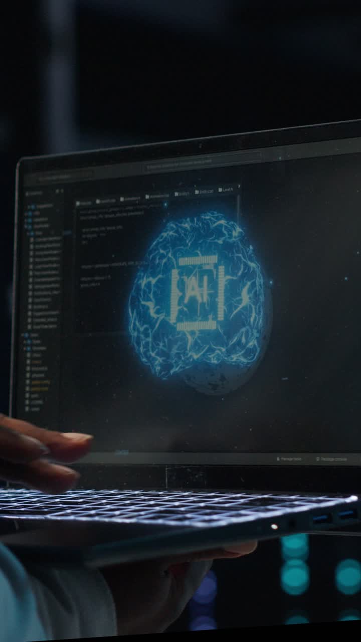 Vertical video Server room admin using laptop to do infrastructure AI automatization