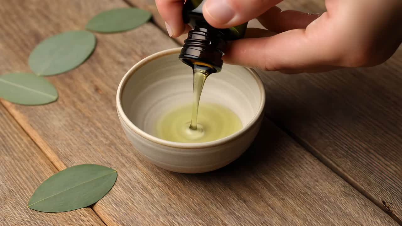 Pouring Essential Oil from a Dropper Bottle into a Bowl with Eucalyptus Leaves