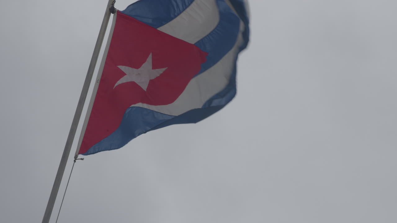 Immagine di alta qualità della bandiera cubana che sventola su un cielo grigio chiaro, con cupole dorate e bianche sullo sfondo, che cattura l'atmosfera, il movimento e la cultura dell'Avana in un momento cinematografico calmo e costante