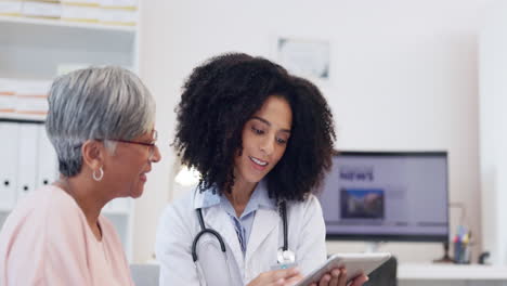 tablet, consulting and doctor with old woman